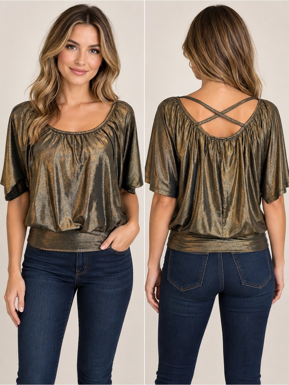 Seduction Metallic Gold Bronze Ruched Blouson Crisscross Back Top Size S